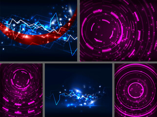 Abstract backgrounds showcase vibrant lines, circles, dots. Blue, red, purple hues dominate digital designs. Modern, energetic visuals.