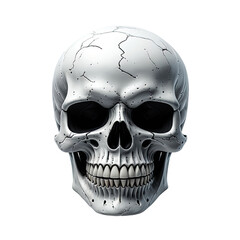 Digitally rendered human skull, white with dark eye sockets, against black