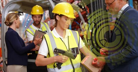Warehouse worker scanning box after handoff for inventory tracking while data float above tablet - Powered by Adobe