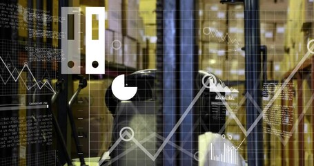 Forklift entering aisle showing cloud icon then sliding expanding fading charts into inventory data - Powered by Adobe