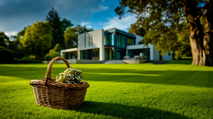 A wicker basket with flowers on a green lawn in front of a modern house