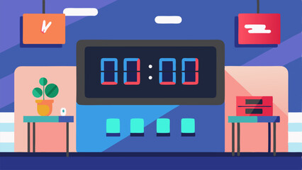 A digital clock on the wall ensuring everyone stays on schedule during the conference.