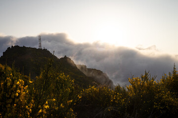 &bdquo;Wanderer im Morgennebel beim Sonnenaufgang &ndash; stimmungsvolle Berglandschaft