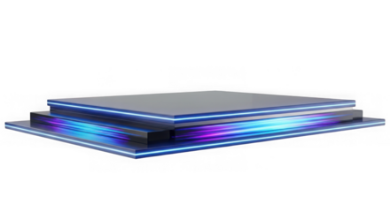 Futuristic layered platform with neon blue and purple lights isolated on transparent background