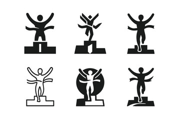 Marathon Victory Logos. A runner crossing the finish line of a marathon, celebrating victory. Set Logo of A runner crossing the finish line of a marathon,