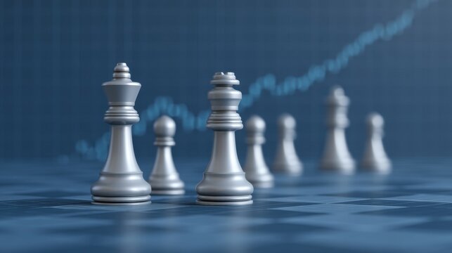 Stock Market Strategy Concept with Chess Pieces on Blue Chessboard and Financial Chart in Background Representing Planning and Decision-Making