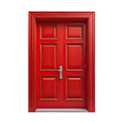 Wooden, red, paneled doorway, complete with frame and silver handle