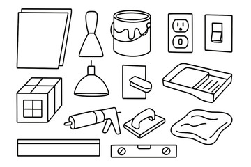 Interior Renovation Icons. Interior renovation. Hand-drawn doodle illustration interior renovation drywall sheet, putty knife, paint can, roller tray, light