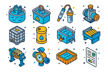 Industrial Wastewater Icons. Industrial wastewater control. Colorful isometric vector icons set of Industrial wastewater control: equalization tank,