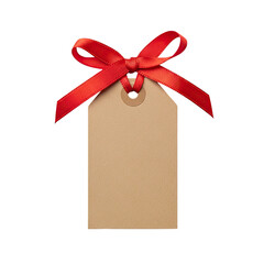 Gift tag with red ribbon and bow, isolated on black background