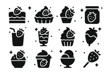 Strawberry Desserts Icons. Strawberry Desserts. Solid icons set of Strawberry Desserts: strawberry cake, strawberry tart, strawberry ice cream, strawberry jam,