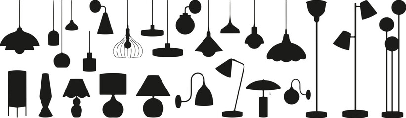 Black silhouette icons of various lamp types including ceiling, table, wall-mounted, and floor lamps in modern and classic styles