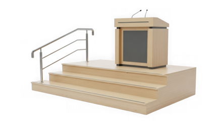Wooden podium with stairs and railing isolated on transparent background