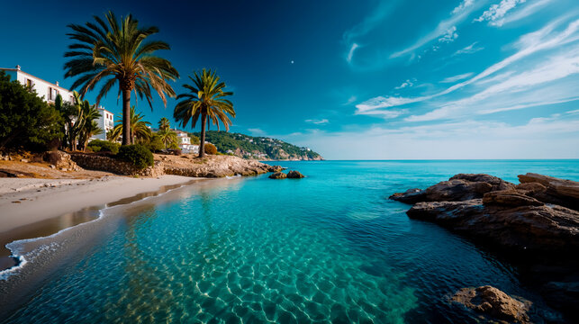 A serene beach scene with clear blue water palm trees and a rocky shore