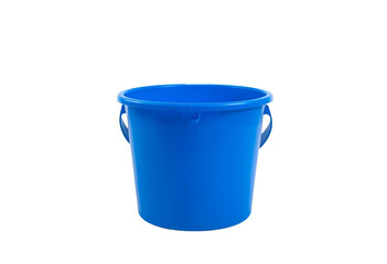 Blue plastic bucket isolated for cleaning, storage, and household utility purposes.