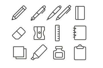 Writing Tools Icons. Writing Tools. Line icon set of Writing Tools: pencil, fountain pen, ballpoint pen, mechanical pencil, eraser, sharpener, ruler, notebook,