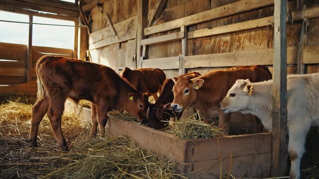 Livestock in Countryside Barn with Hay Bales