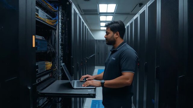 IT Professional Working in Data Center with Server Equipment