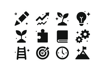 Icons of Resilience. Overcoming Setbacks. Solid icons set of Overcoming Setbacks: broken pencil, upward arrow, plant sprout, light bulb, seedling, puzzle
