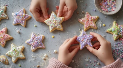 Two hands of children decorating star-shaped cookies with colorful sprinkles on a gray surface. Various cookies are arranged around them.