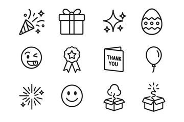Fototapeta premium Delight & Surprise Icons. Delight & Surprise. Line icon set of Delight & Surprise: confetti burst, gift box, sparkle, easter egg, playful animation, badge