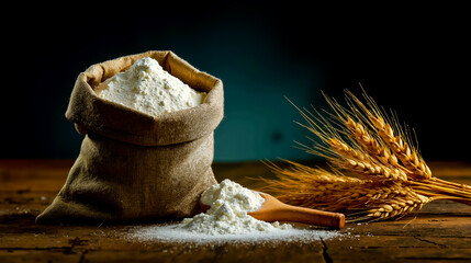 A close-up of a wooden table with a burlap sack containing flour a wooden spoon and a pile of wheat
