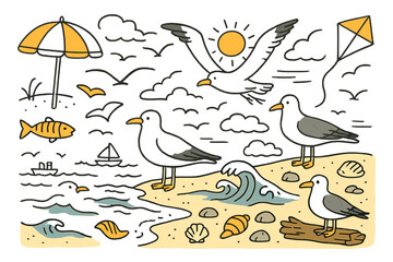 Obraz premium Seagulls by the Shore. Ocean birds. Hand-drawn doodle illustration seagulls (colored), wings spread (colored), sky (colored), clouds (colored), sun (colored),