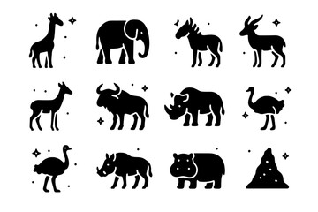 Naklejka premium Savanna Icons Grid. Savanna Herbivores. Solid icons set of Savanna Herbivores: giraffe, elephant, zebra, antelope, gazelle, wildebeest, buffalo, rhino,