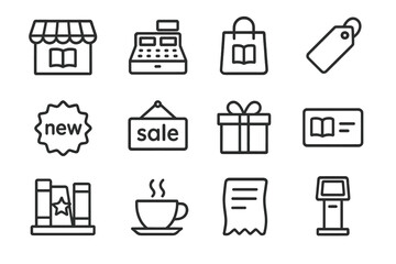 Bookstore Icon Set. Bookstore. Line icon set of Bookstore: storefront awning, cash register, shopping bag, price tag, new release badge, sale sign, gift wrap,
