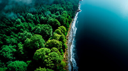 A panoramic view of a coastline with a dense forest on one side and a calm sea on the other