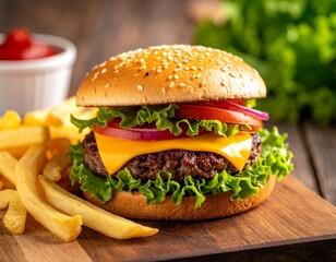 Gourmet cheeseburger with fries on rustic wooden board