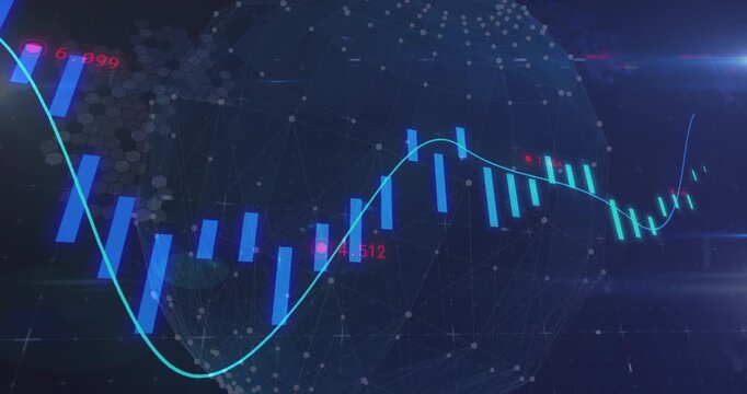 Globe forming triggers chart showing trend line dipping and rising as bars moving show market cycle