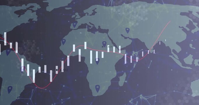Candlestick bars emerging as map fading, pins appearing, red line climbing eastward showing trends