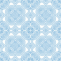 Fototapeta premium A square, seamless background pattern features a repeating symmetrical design of continuous blue contour lines forming stylized clouds, swirls, and geometric shapes on a white background
