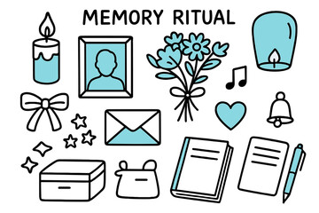 Memory Ritual Icons. // Memory ritual. Hand-drawn doodle illustration Memory ritual [candle (accented), photo frame (accented), bouquet (accented), ribbon,
