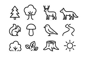Forest Ecosystem Icons. Forest ecosystem. Line icon set of forest ecosystem: pine tree, oak tree, deer, fox, squirrel, mushroom, bird, river, bush, fallen