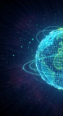 A digital representation of planet Earth, illuminated by glowing circuits and ethereal rings, showcasing a futuristic, interconnected global network.