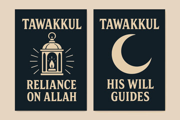 Reliance and Guidance Banners. Tawakkul. Two vertical A6 banners with safe margins, centered composition, no elements touching edges, bold, navy and beige,