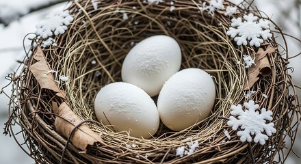 Three pristine white eggs nestled within a rustic bird's nest, adorned with delicate snowflakes, creating a serene winter scene.