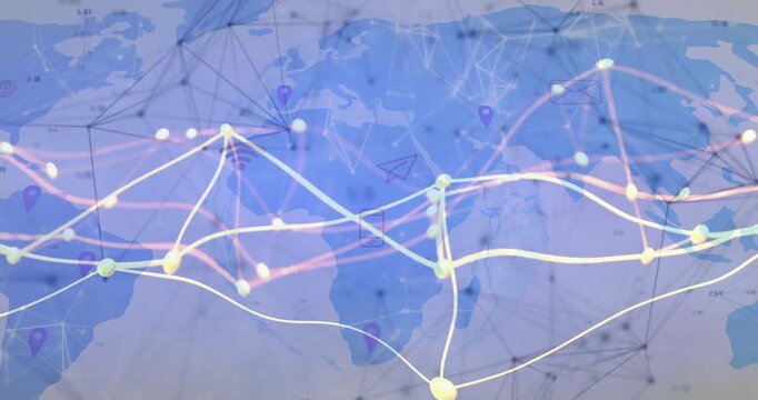 Data lines emerging from map edges sweeping inward intersecting nodes illustrating global network