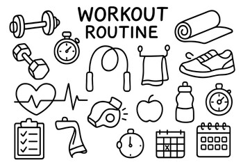 Workout Essentials Doodle. Workout routine. Hand-drawn doodle illustration workout routine dumbbells, barbell, stopwatch, mat, shoes, heartbeat, jump rope,