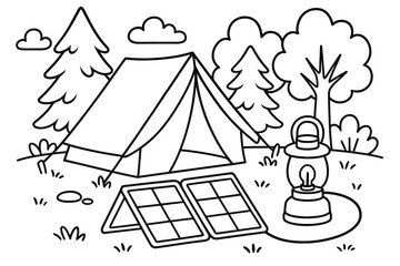 Camping with Solar Power. Portable solar panels children?s coloring book illustration, outlined drawing, a camping scene with a tent, trees, and small foldable