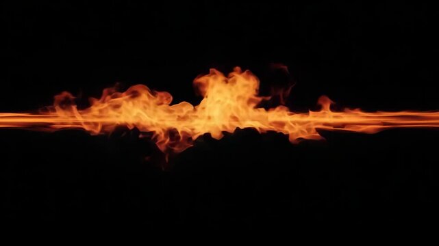 A horizontal line of bright orange fire burning against a solid black background, symbolizing heat and energy