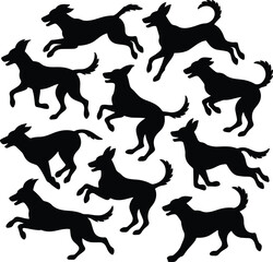 Silhouettes of lively dogs in various poses a dynamic composition