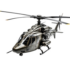 Metallic military helicopter isolated on black background, side view