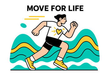Naklejka premium Energetic Run Movement. Why We Need to Exercise. A dynamic figure runs through abstract waves of energy; ?Move for Life? floats above glowing rhythm lines.