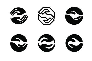 Obraz premium Harmony Logo Variations. Safe spaces. Set Logo of interlocking hands: harmonious logo variations of the same emblematic concept, each with different artistic