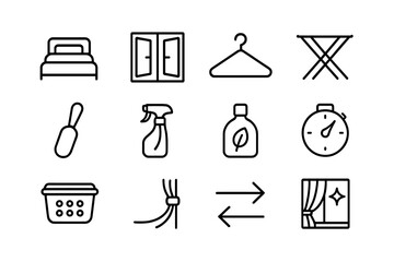 Housekeeping Icon Set. Housekeeping Airing. Line icon set of Housekeeping Airing: airing bedding, window open, clothes on hanger, drying rack, lint brush,