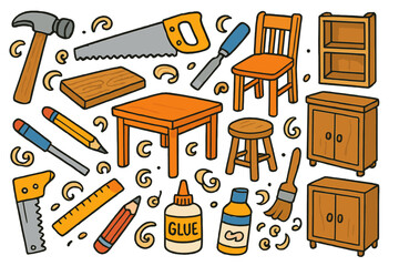 Colorful Woodworking Tools. wooden craftsmanship. Colorful Hand-drawn doodle Children illustration wooden craftsmanship hammer, saw, chisel, wood plank, wooden
