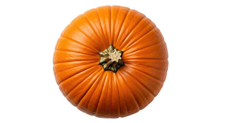 Overhead shot of a ripe, round, orange pumpkin with green stem